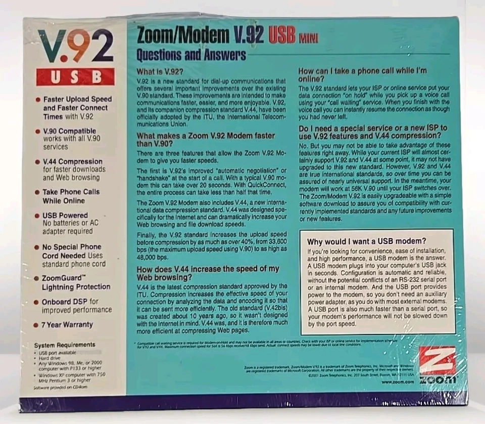 Zoom 3090-00-00 V.92 / V.44 USB External Controllerless Fax Modem  - NEW/SEALED! - Image 2 of 4