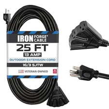 25 Ft Outdoor Extension Cord with 3 Electrical Power Outlets Durable Black Cable