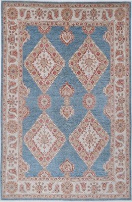 6.6x10.4 ft Hand Knotted Light Blue, Ivory & Blush Rug. Diamond Geometric Design