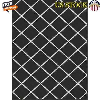 Indoor Area Rug 5' x 7' Diamond Design Stain Resistant Low Pile Easy Clean Black