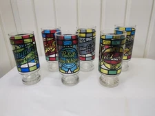 Vtg Stained Glass Beer Glasses Anchor Hocking FULL SET 1970s Barware Pub