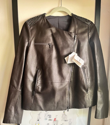 Brunello Cucinelli leather jacket NWT dark aubergine almost black sz 42 Italy