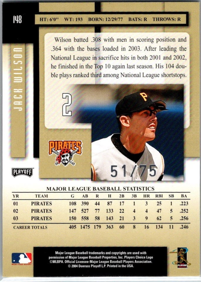 2004 Playoff Prestige - Jack Wilson #148 Xtra Points Silver /75 Pirates - Image 2 of 2