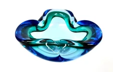 Vintage Murano Sommerso Art Glass Blue Green Trim Corner Pinched Bowl