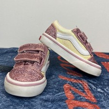 GUC Vans Old Skool V Toddler 5 Rose Yellow Glitter Iridescent Hook Loop Sneakers