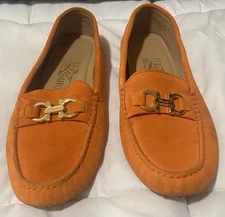 Salvatore Ferragamo Womens Orange Suede Gancini Logo Loafers Shoes Size 5.5