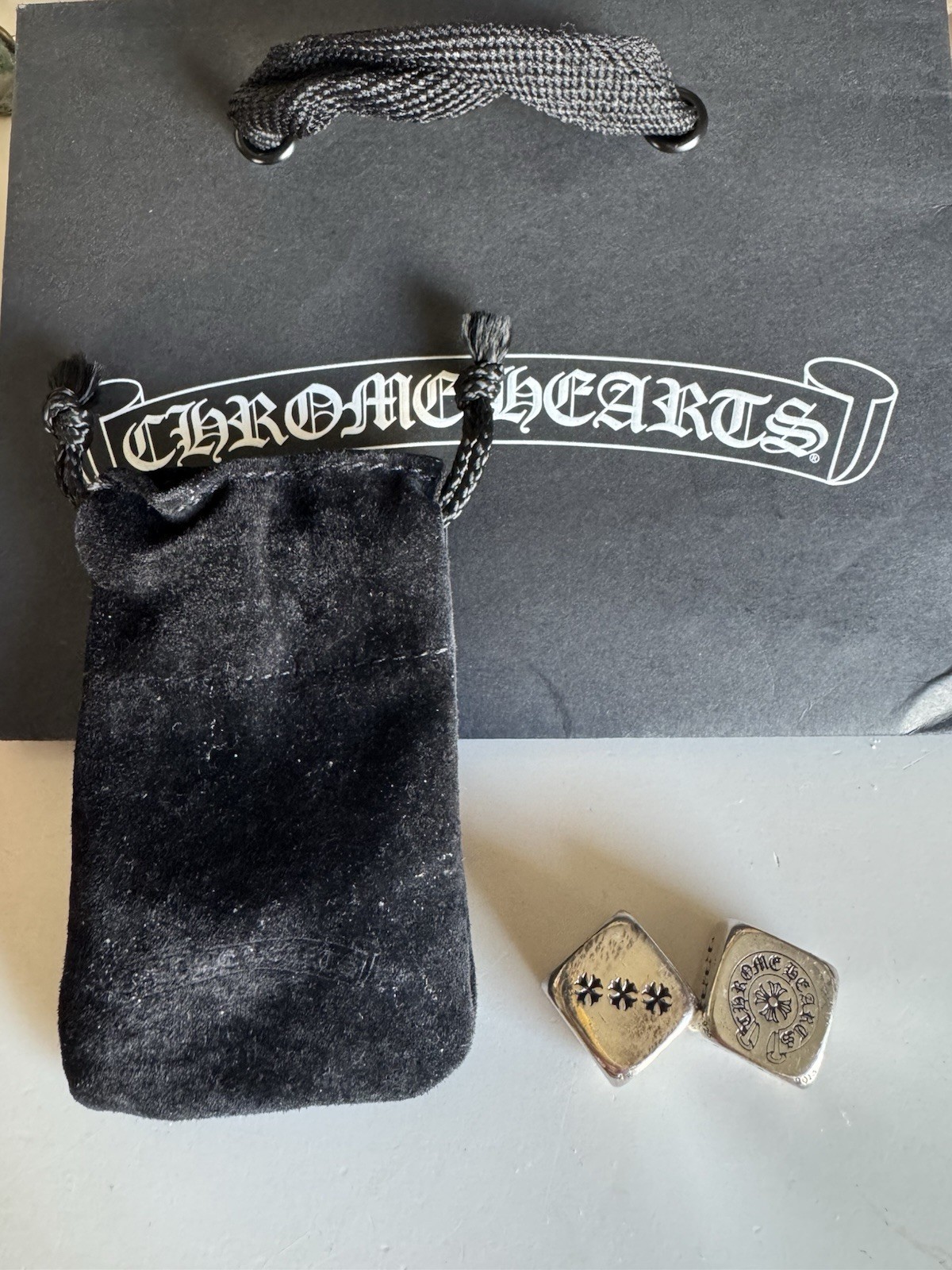 CHROME HEARTS Solid Sterling Silver DICE Set - VIP Gift 58.5g Suede Pouch & Bag
