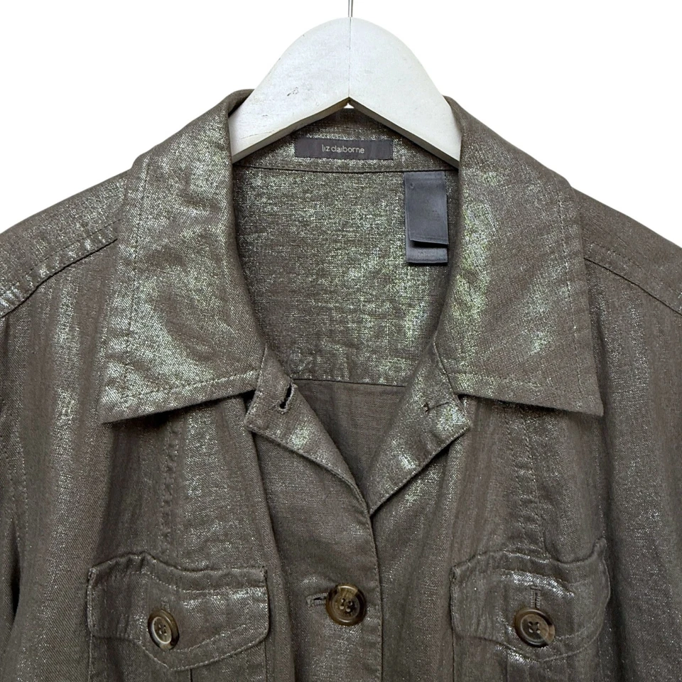 Chaqueta Safari Liz Claiborne Talla Grande 2X 100% Lino Marrón Brillante Utilidad Foto 4 de 4