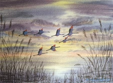 Original Artwork Modern Painting SKY BLUE HERON Landscape CRANES Art Seascape A4