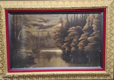 19th C Antique Paddle Boat Steam Dells Wisconsin Oil Folk Painting River 1891