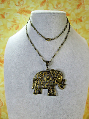 Open Work Elephant Pendant w/ 24'' Antiqued Brass Tone Cable Chain / Rhinestone/N