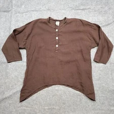 Match Point Top Womens Large Linen USA Made Lagenlook Half Button Sharkbite Hem