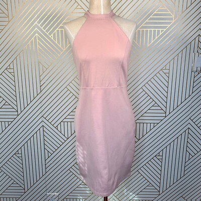 endlessly alluring blush pink lace bodycon dress Lulu's Endlessly Alluring Blush Pink Lace High Halter Bodycon Dress Size L