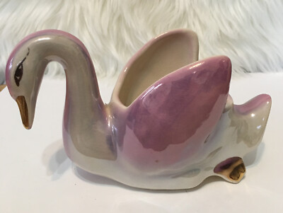 Vintage Pink Purple & Gold Iridescent Luster Ware Swan Planter Or Trinket Dish