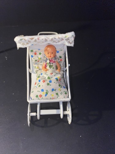 Vintage Dollhouse Metal White Baby Stroller Miniature - Picture 2 of 4