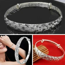 Silver Plated Chain Bangle Cuff Charm Bracelet Fashion Jewelry Lab-Created