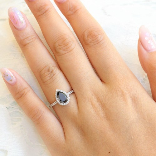 2.50Ct Pear Cut Black Diamond Halo Women's Engagement Ring 14K White Gold Finish - Picture 2 of 7