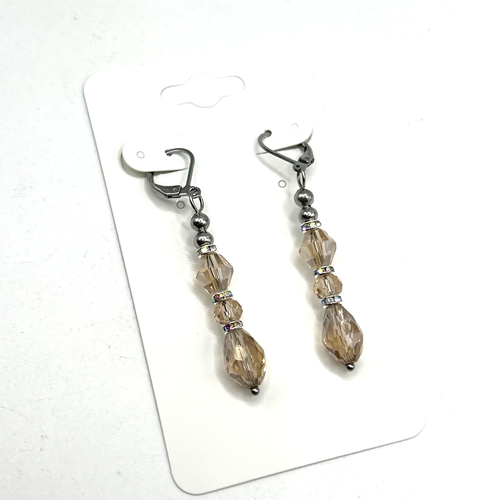 Champagne Beige Glass & Rhinestone Beaded Linear Dangle Leverback Earrings - Picture 4 of 4