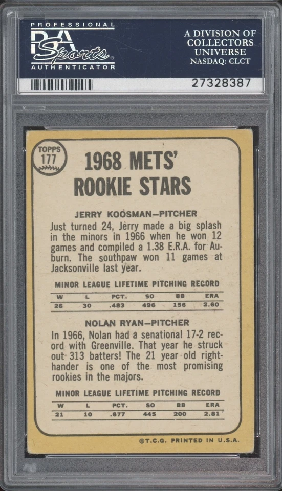 1968 Topps Mets Rookie Stars #177 Nolan Ryan Jerry Koosman RC Good+ PSA 2.5 - Image 2 of 2