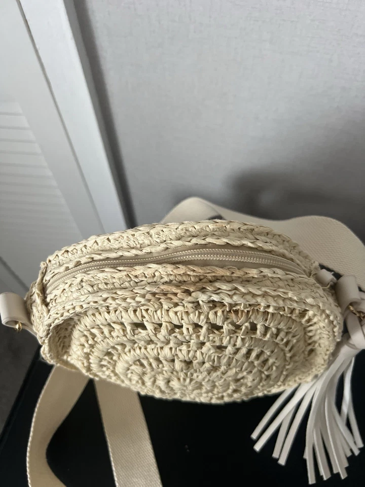 Beige Round Woven Straw Crossbody Bag, Zip Tassel, Adjustable Strap, Lined - Image 3 of 4