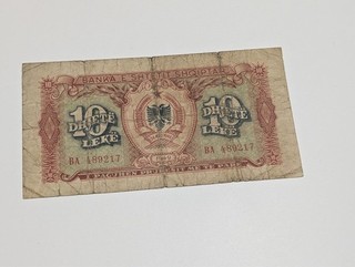 1949 Albania 10 Leke Banknote P 24 Banka E Shtetit Shqiptar Circulated Vintage