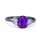 Three Stone Oval Natural Amethyst Wedding Ring 925 Sterling Silver