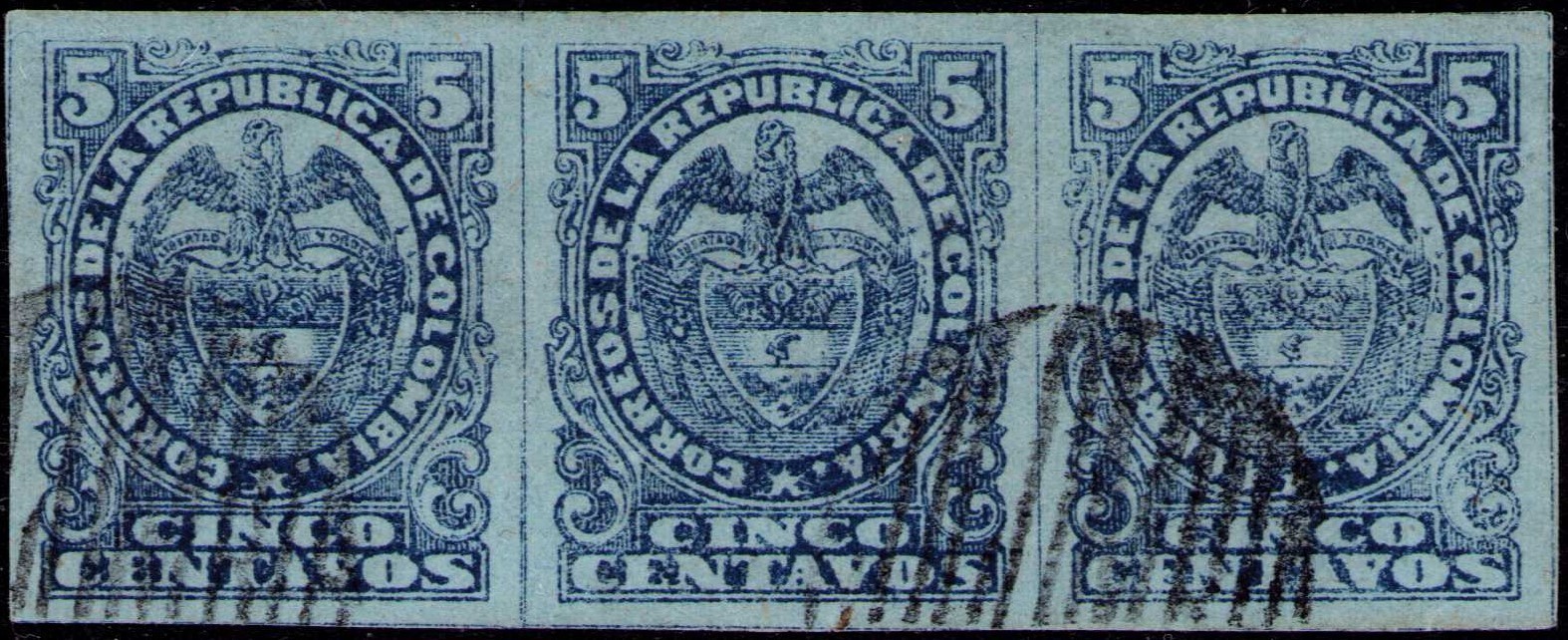 COLOMBIA - 5 CENTS STRIP - IMPERFORATED USED ERROR - Sc 144b - 1890 RRR
