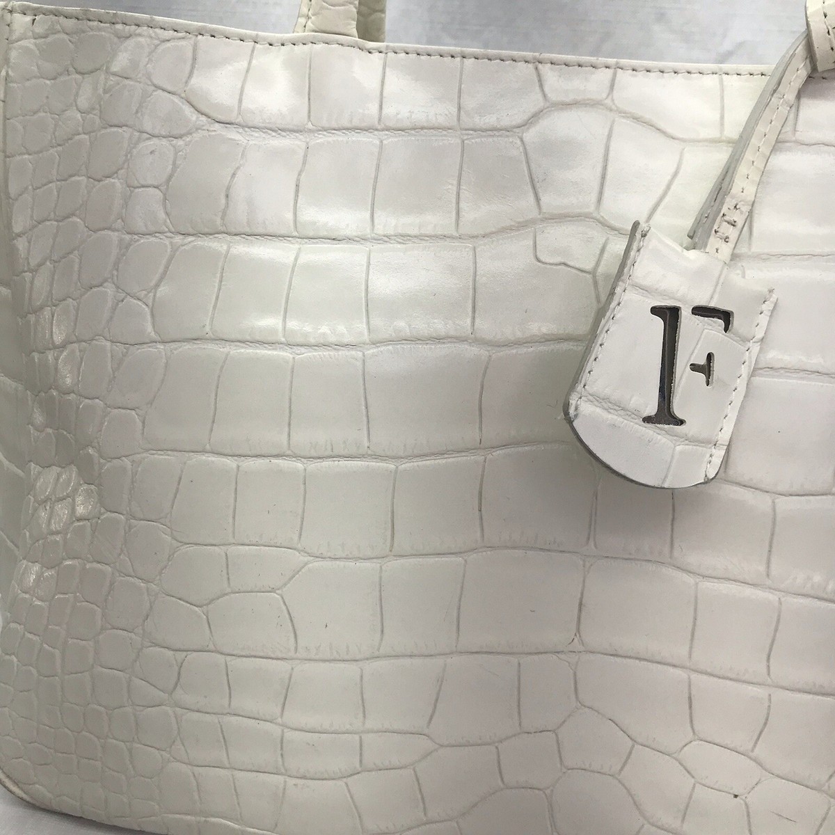 Furla White Croc Embossed Leather Handbag Satchel Authenticated