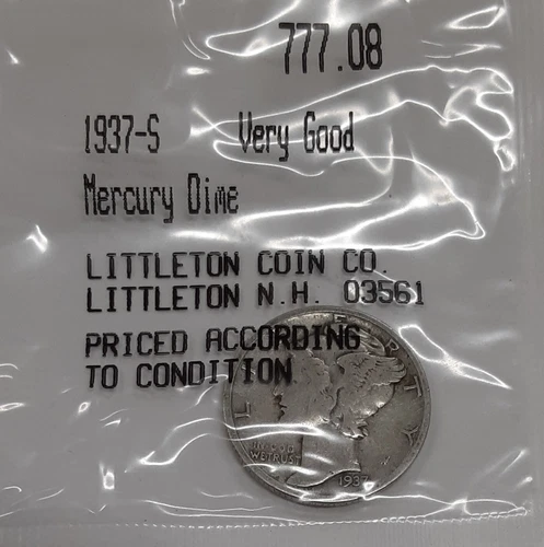 1937-S Liberty Head 'Mercury' Dime - Very Good Cond in Littleton Packaging