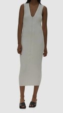  395 Helmut Lang Women's White Rib-Knit V-Neck Midi Bodycon Dress Size XS