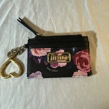 Juicy Couture Black Floral, 4.5”x3” Card+Coin Wallet W Heart Keychain Some Fade