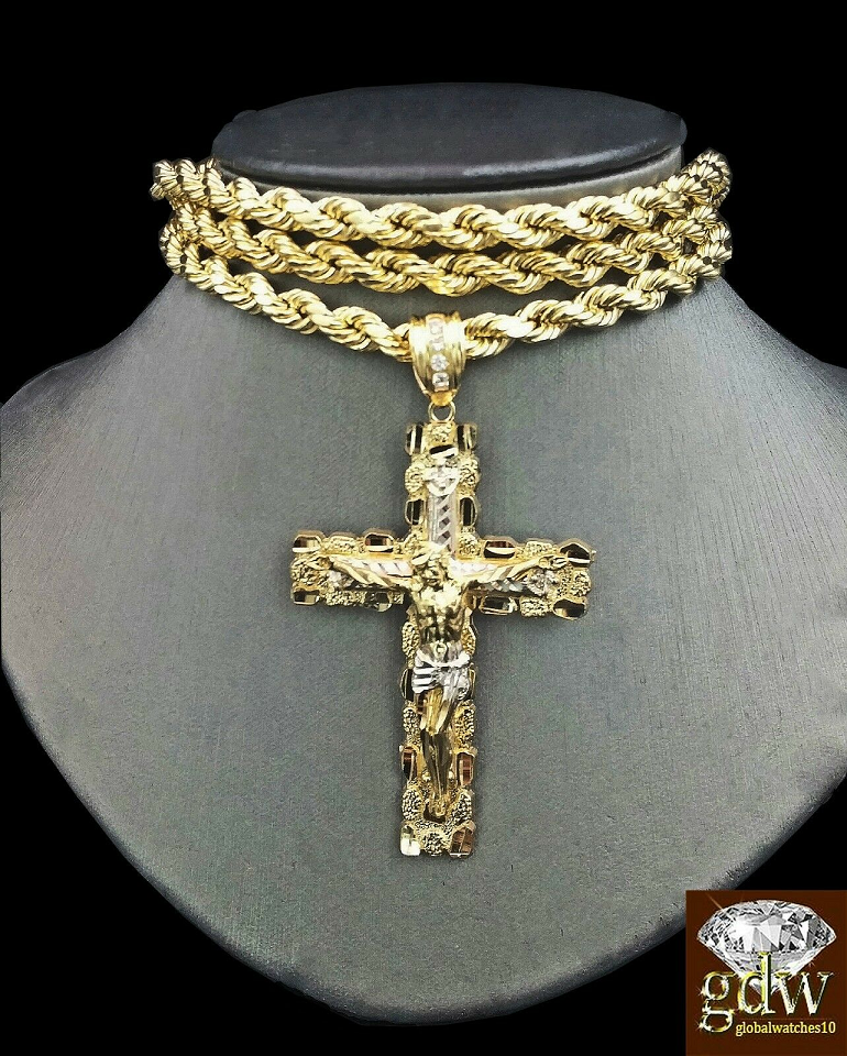 10k Real Gold Cross Charm Pendant 6mm Rope Chain Set 18
