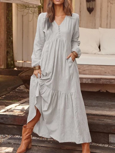 Womens Long Sleeve V-Neck Kaftan Casual Loose Baggy Oversize Maxi Dress Gown - Picture 2 of 17
