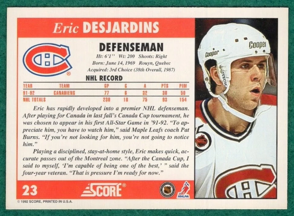 Eric Desjardins - 1992-93 Score #23 - Montreal Canadiens Hockey Card - Image 2 of 2