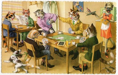 Mainzer - Eugen Hartung Cats Postcard 4750 - The Café Card Game - Spain Printing