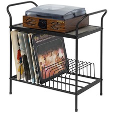 Gray Wood  Black Metal Turntable Stand w/ 14 Slot Vinyl Record Storage Holder