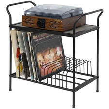 Gray Wood & Black Metal Turntable Stand w/ 14 Slot Vinyl Record Storage Holder