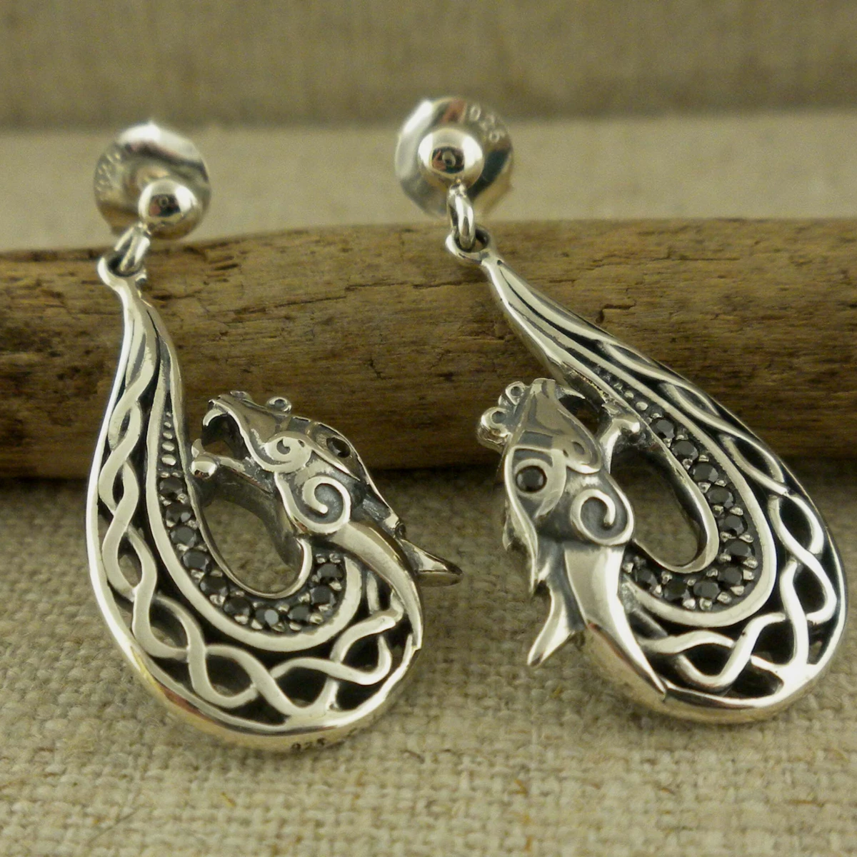 Sterling Silver Celtic Dragon EARRINGS Black CZs by Keith Jack