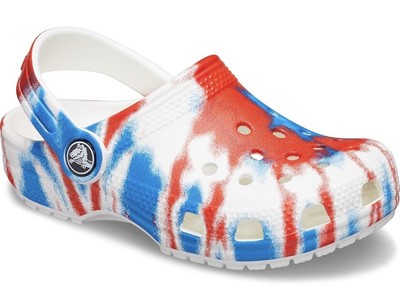 tie dye red white and blue crocs