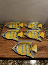 Set of 5 Melamine Fish Serving Dishes Yellow Blue Coastal Tropical 6.75"