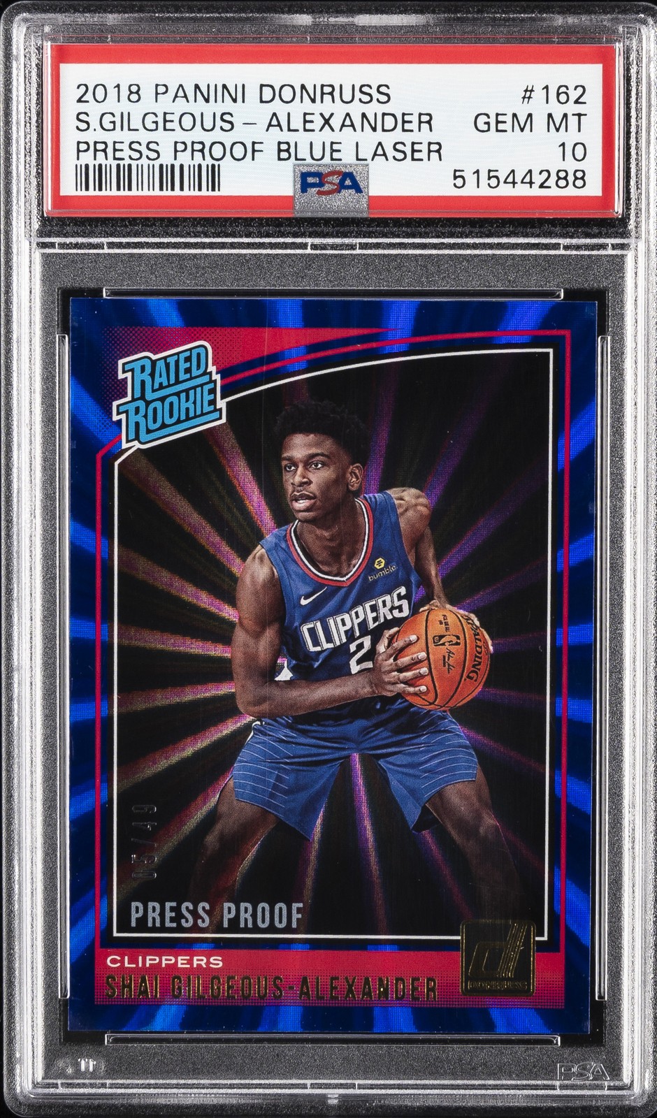 2018 PANINI DONRUSS PP BLUE LASER SHAI GILGEOUS-ALEXANDER ROOKIE RC #/49 PSA 10
