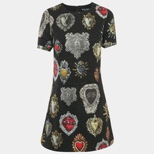 Dolce Gabbana Black Crest printed Cotton Jacquard Mini Dress M