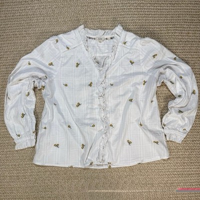 Fat Face US 12 White Embroidered Floral Ruffle V-Neck Long Sleeve Blouse Top