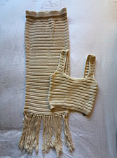H M Women  s Small Crochet Knit 2 Piece Set Crop Top Maxi Skirt Fringe Beige Boho