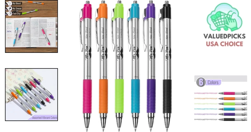 Plumas de punta fina surtidas sin sangrado - 6 colores para escribir y escribir un diario suave Foto 2 de 4