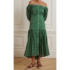 Veronica Beard Cali Off Shoulder Broderie Anglaise Cotton Voile Maxi Dress Green