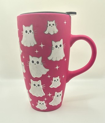 Cobwebs & Cauldrons Pink Ghost Kitty Travel Mug 16oz Mint Condition