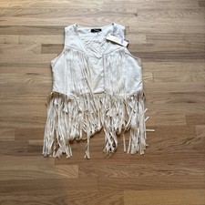 Womens Beige Faux Suede Fringe Vest Size M Boho Western Festival Layering Indie