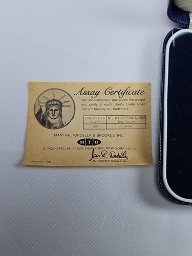 1985 Proof JM Johnson Matthey rower górski 1 uncja .999 Liberty Trade srebrny okrągły. Pudełko + COA - Zdjęcie 4 z 14