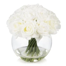 ENOVA FLORAL 16 Heads Silk Rose Artificial Flowers in Vase,Faux Rose Flowers ...